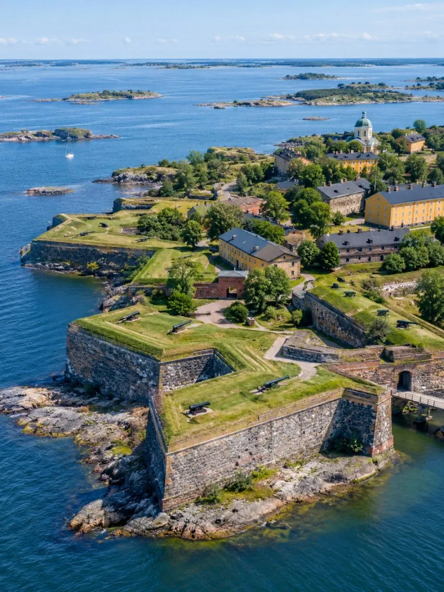Suomenlinnan ruohoiset vallit ja kivimuurit meren keskellä, taustalla kirkon kupoli ja saariston luodot